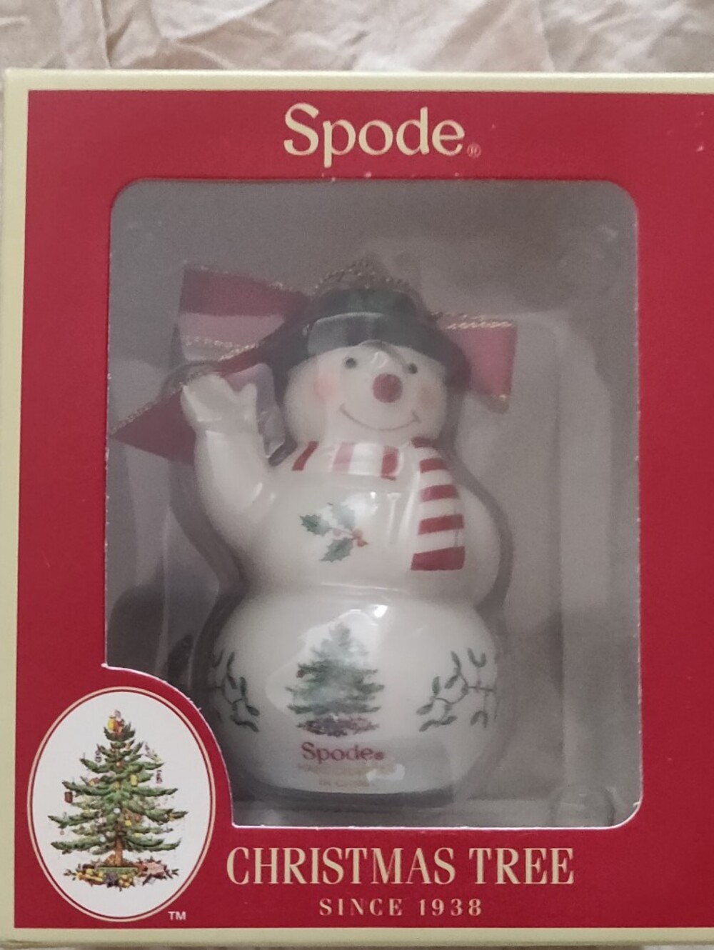 Spode Christmas Tree Pattern Snowman With Black Hat Ornament NIB